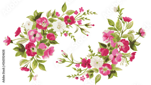 vibrant floral arrangement with pink and white flowers and lush green foliage, artfully arranged