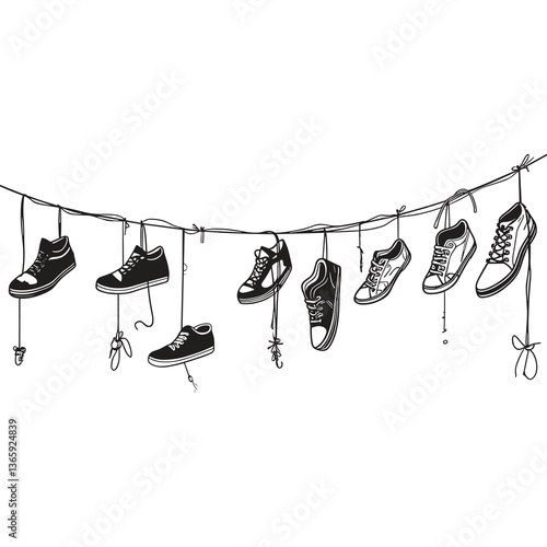 Line of Sneakers Hanging by Laces