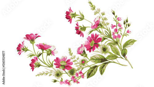 a delicate flower arrangement featuring pink and white blossoms and green foliage, creating a beautiful floral design