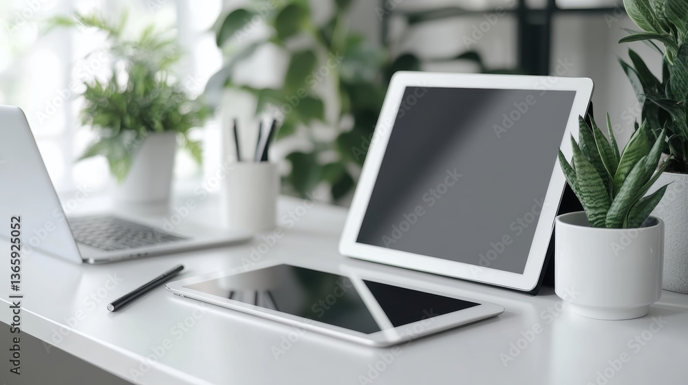 A digital tablet with a stylus placed on a white desk, with a laptop in the background A digital tablet with a stylus placed on a white desk, with a laptop in the background