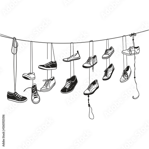 Line of Sneakers Hanging by Laces