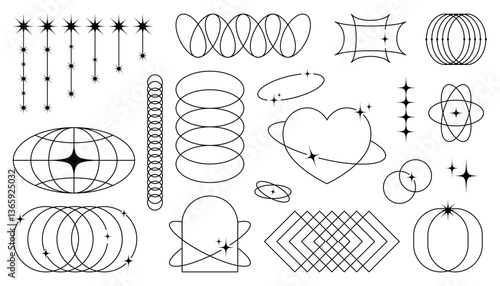 Elegant line art shapes with cosmic and futuristic vibes, inspired by minimalism, brutalism, and Y2K aesthetics, perfect for graphic design and UI elements