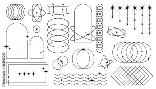 Minimalist abstract line art with geometric frames, stars, and aesthetic sparkles in retro-futuristic Y2K and Bauhaus style for contemporary design projects