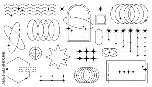 Geometric aesthetic abstract line frames and shapes with sparkles, minimalistic brutalism, and Y2K style, perfect for modern graphic design and social media templates