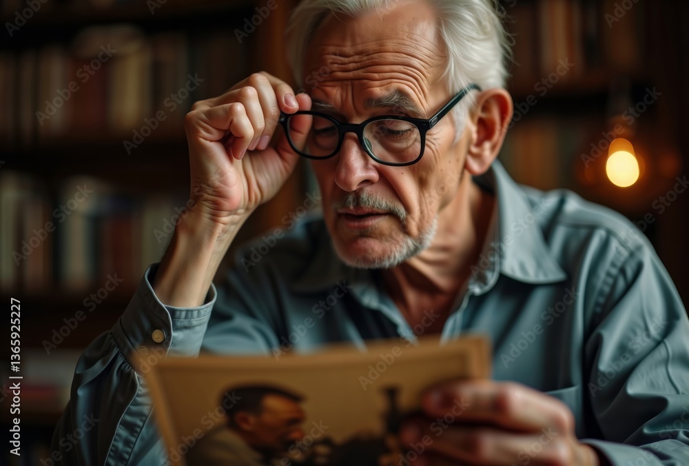 Senior man examines photograph. Elderly gentleman with glasses looking closely at an old photograph in his hands indoors.