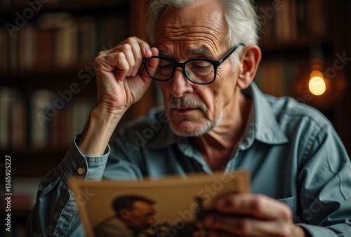 Obraz na płótnie Senior man examines photograph. Elderly gentleman with glasses looking closely at an old photograph in his hands indoors. w salonie