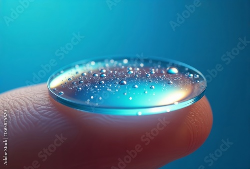 Obraz na płótnie Contact lens on finger. Close-up of a soft contact lens on a fingertip against a bright blue gradient background. w salonie