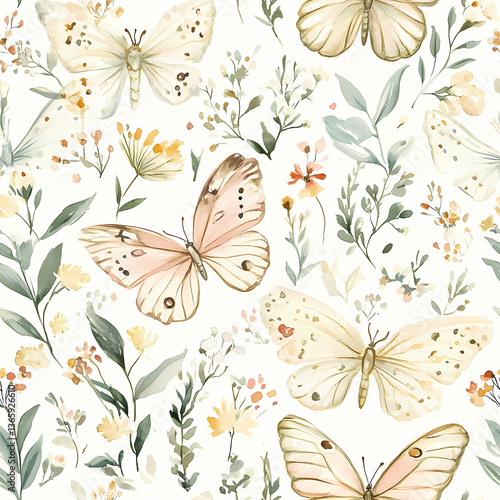 Butterflies and Flowers: A repeating pattern showcases delicate butterflies and an array of flowers in a soft and dreamy display, evoking a sense of peace and natural beauty.