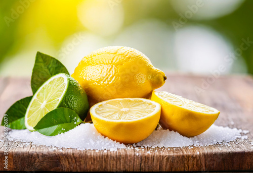 Fresh Lemons and Limes with Salt on Wooden Board