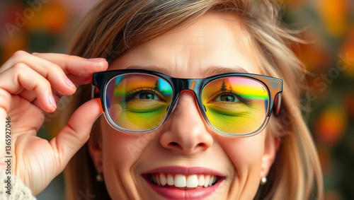 Obraz na płótnie Joyful Glasses Moment. Cheerful woman wearing colorful glasses with vibrant lens reflections, expressing pure happiness and playful style. w salonie