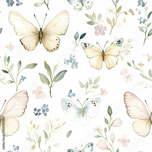 Wallpaper Mural Watercolor Butterfly and Floral Seamless Pattern: This exquisite pattern showcases delicate watercolor butterflies and intricate floral arrangements. Torontodigital.ca