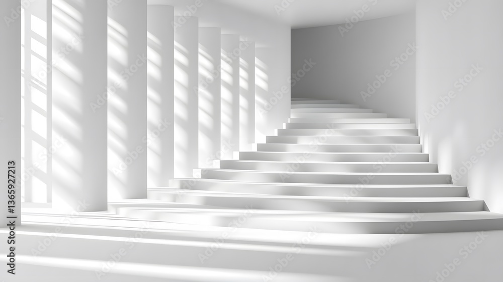 Fototapeta premium A minimalist white space featuring interior elements and illuminated stairs