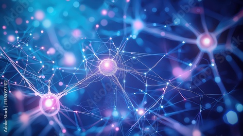 Digital illustration of glowing neural networks in blue and pink hues