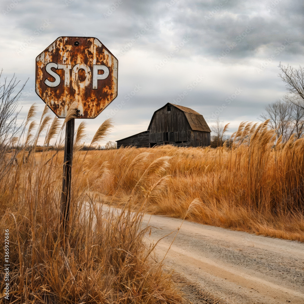 Rustic Stop Sign Landscape. Weathered stop sign stands amid golden prairie grasses with an aged wooden barn in the background, evoking rural americana and seasonal tranquility.