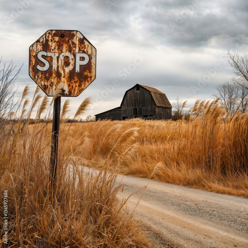 Obraz na płótnie Rustic Stop Sign Landscape. Weathered stop sign stands amid golden prairie grasses with an aged wooden barn in the background, evoking rural americana and seasonal tranquility. w salonie