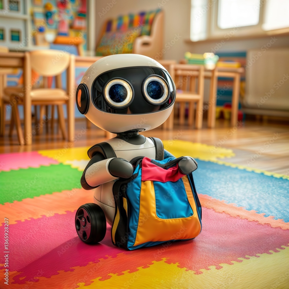 Robot Ready for School. Cute humanoid robot with backpack in a classroom setting, ready for learning.