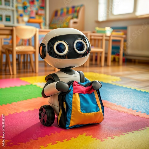 Obraz na płótnie Robot Ready for School. Cute humanoid robot with backpack in a classroom setting, ready for learning. w salonie