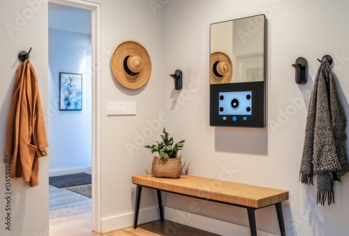 Modern Entryway with Smart Mirror. Contemporary hallway featuring a smart mirror, bench, and stylish home decor.