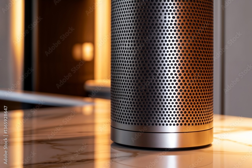 Smart Speaker Close-up. Sleek metallic wireless speaker with perforated design in warm lighting.