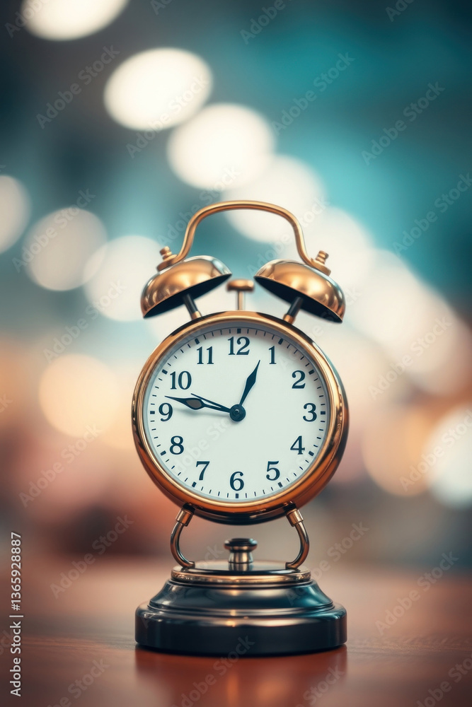 Vintage brass alarm clock on a wooden surface with blurred bokeh lights in the background