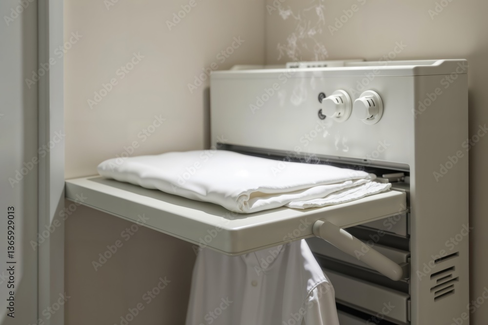 Automatic clothes ironing machine. Modern laundry appliance steams white shirt for wrinkle-free garment care at home.