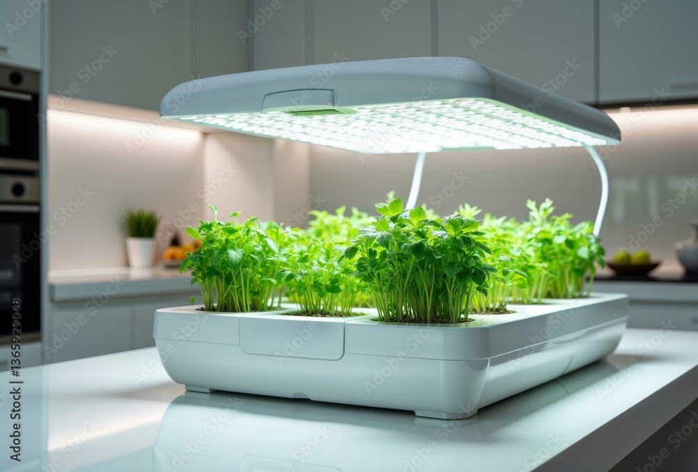 Indoor hydroponic herb garden. Fresh herbs grow under LED lights in modern kitchen, cultivated in a hydroponic system.
