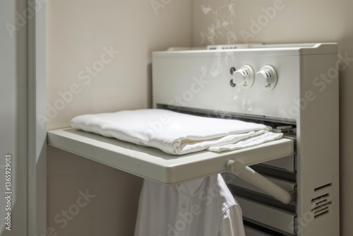 Obraz na płótnie Automatic clothes ironing machine. Modern laundry appliance steams white shirt for wrinkle-free garment care at home. w salonie
