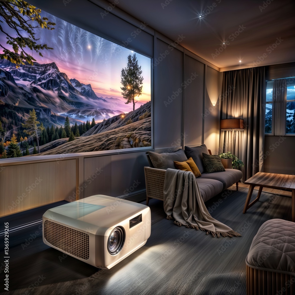 Home Cinema Room with Mountain Scenery. Projector displaying a dramatic mountain landscape in a cozy, dimly lit room with warm lighting and comfortable seating.