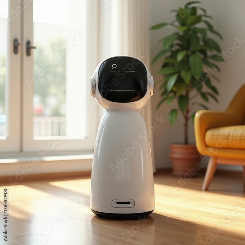 Obraz na płótnie White Robot in Modern Home. Description. Friendly white robot standing in a sunlit modern living room with wooden floors and a plant. w salonie