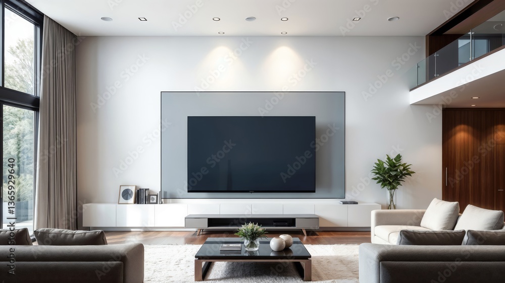 Modern Living Room Interior. Minimalist contemporary living space with large TV, sleek furniture, and natural light streaming through floor-to-ceiling windows.