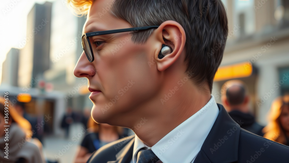 Urban Professional Wireless Earbuds. Close-up of a professional wearing wireless earbuds in a bustling city environment with skyscrapers in background.
