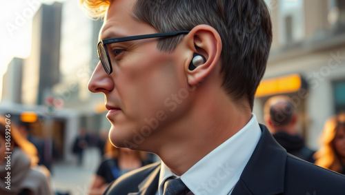 Urban Professional Wireless Earbuds. Close-up of a professional wearing wireless earbuds in a bustling city environment with skyscrapers in background.