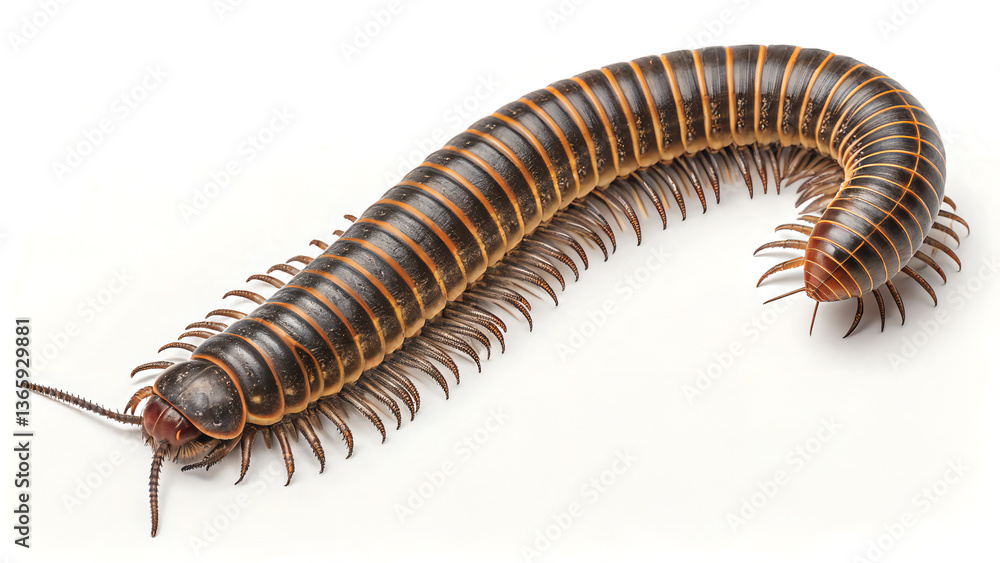 A detailed close-up of millipedes with segmented bodies and numerous legs, isolated on a plain background for clarity. A detailed close-up of millipedes with segmented bodies and numerous legs, isolated on a plain background for clarity.