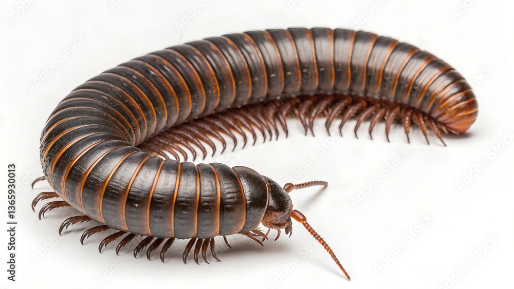 A detailed close-up of millipedes with segmented bodies and numerous legs, isolated on a plain background for clarity. A detailed close-up of millipedes with segmented bodies and numerous legs, isolated on a plain background for clarity.