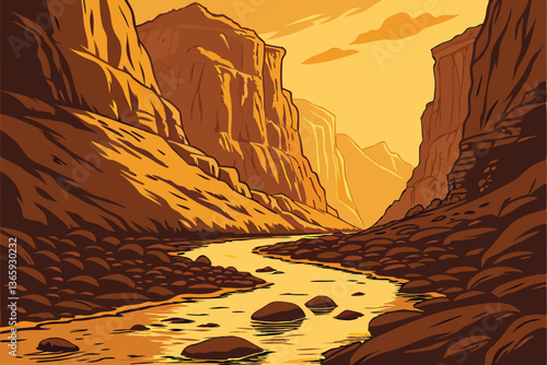 61 Surreal canyon landscape, flowing golden lava river, towering rock formations, dramatic lighting, sunset glow, molten gold texture, winding path, fantasy environment, high contrast, digital art, hy