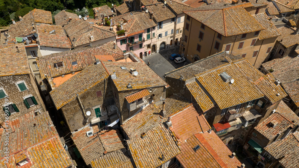 Aerial view of a small square in the town of Capranica, in the Tuscia area in the province of Viterbo, Lazio, Italy.