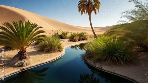 Wallpaper Mural Serene Oasis with Palm Trees and Water in Desert Landscape Depiction Torontodigital.ca
