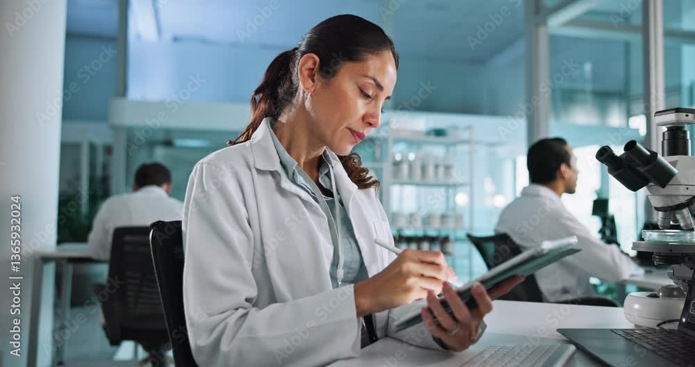Thinking, scientist or woman on tablet for science breakthrough, clinical trial or discovery. Online, medical or brainstorming ideas in lab on touchscreen for vaccine research, cure or development