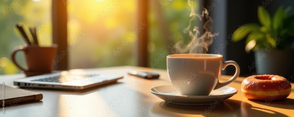 Warm coffee steams beside a glazed donut on a tidy workspace by a sunlit window , food, office, pastry Warm coffee steams beside a glazed donut on a tidy workspace by a sunlit window , food, office, pastry