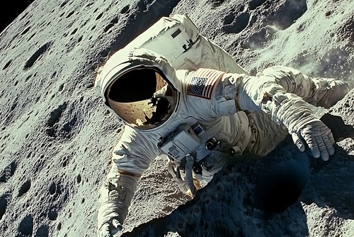 An astronaut appears to be falling on the lunar surface
