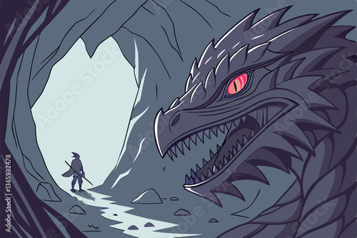 62 Fantasy dragon cave entrance, massive open maw, razor-sharp teeth, glowing red eyes, cavernous throat, rocky path, blue scales, ominous atmosphere, small figure silhouette, distant light, epic scal