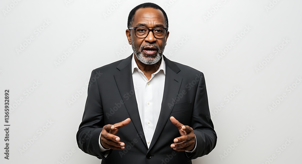 Man with glasses in suit gesturing with handsisolated on white background Man with glasses in suit gesturing with handsisolated on white background