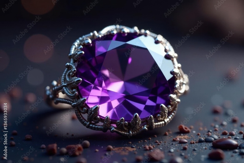 Fototapeta premium Large amethyst, intricate silver filigree, royal aesthetic, silver, jewelry photography