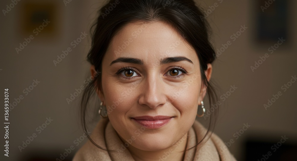 Naklejka premium Portrait of a smiling woman in a cozy indoor setting with soft lighting