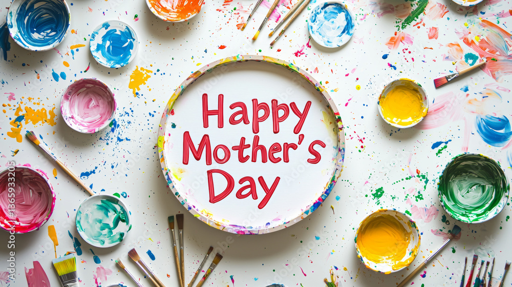 Fototapeta premium Creative Mother's Day greeting with colorful paint splashes and handmade art on round canvas. Concept of child's gift, artistic celebration, DIY craft, handmade love, festive decoration