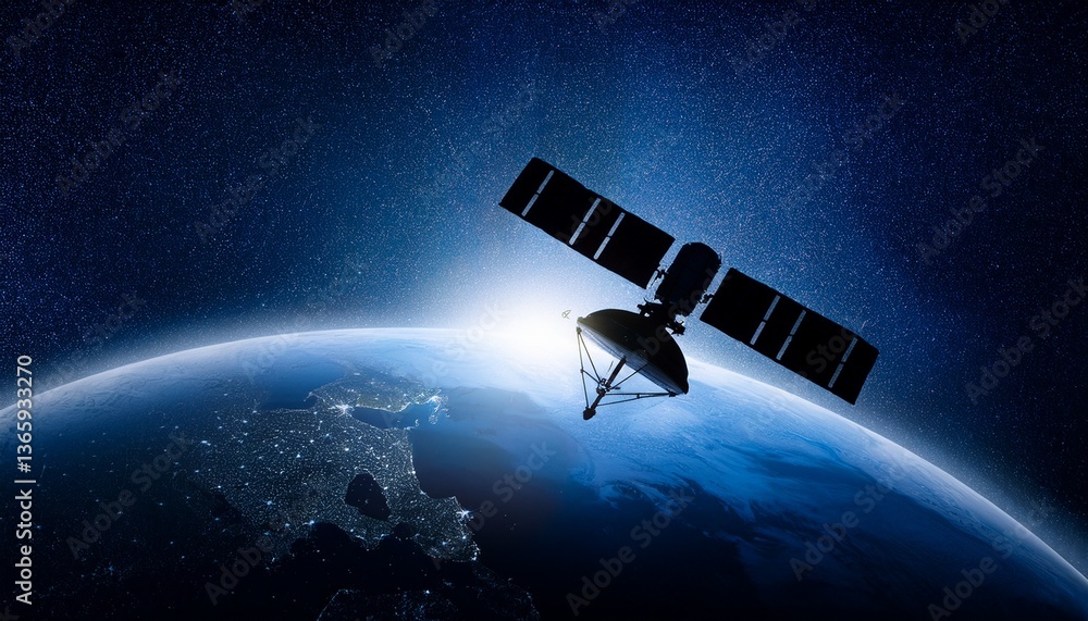 Fototapeta premium Silhouette of a satellite floating against the backdrop of the Earth