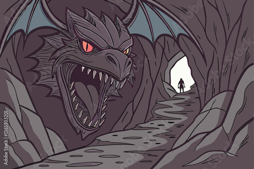 62 Fantasy dragon cave entrance, massive open maw, razor-sharp teeth, glowing red eyes, cavernous throat, rocky path, blue scales, ominous atmosphere, small figure silhouette, distant light, epic scal