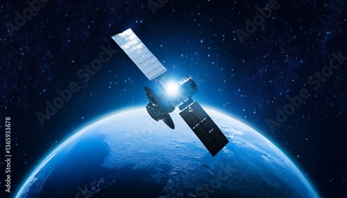 Silhouette of a satellite floating against the backdrop of the Earth