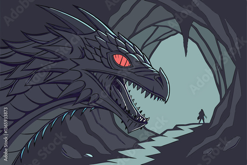 62 Fantasy dragon cave entrance, massive open maw, razor-sharp teeth, glowing red eyes, cavernous throat, rocky path, blue scales, ominous atmosphere, small figure silhouette, distant light, epic scal