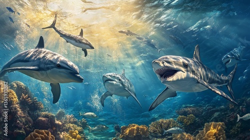 A group of dolphins hunting fish, with a bait ball forming around them. A shark chasing a school of tuna, creating a thrilling motion effect. A sea turtle escaping from a tiger shark, a tense moment